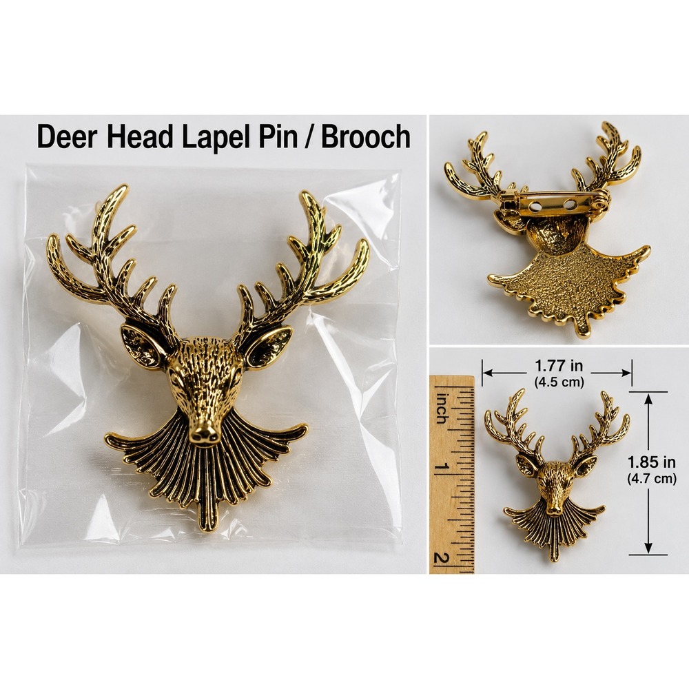 Deer Head Antler Lapel Pin Brooch Gold Tone Hunting Wildlife Badge - Picture 2 of 4